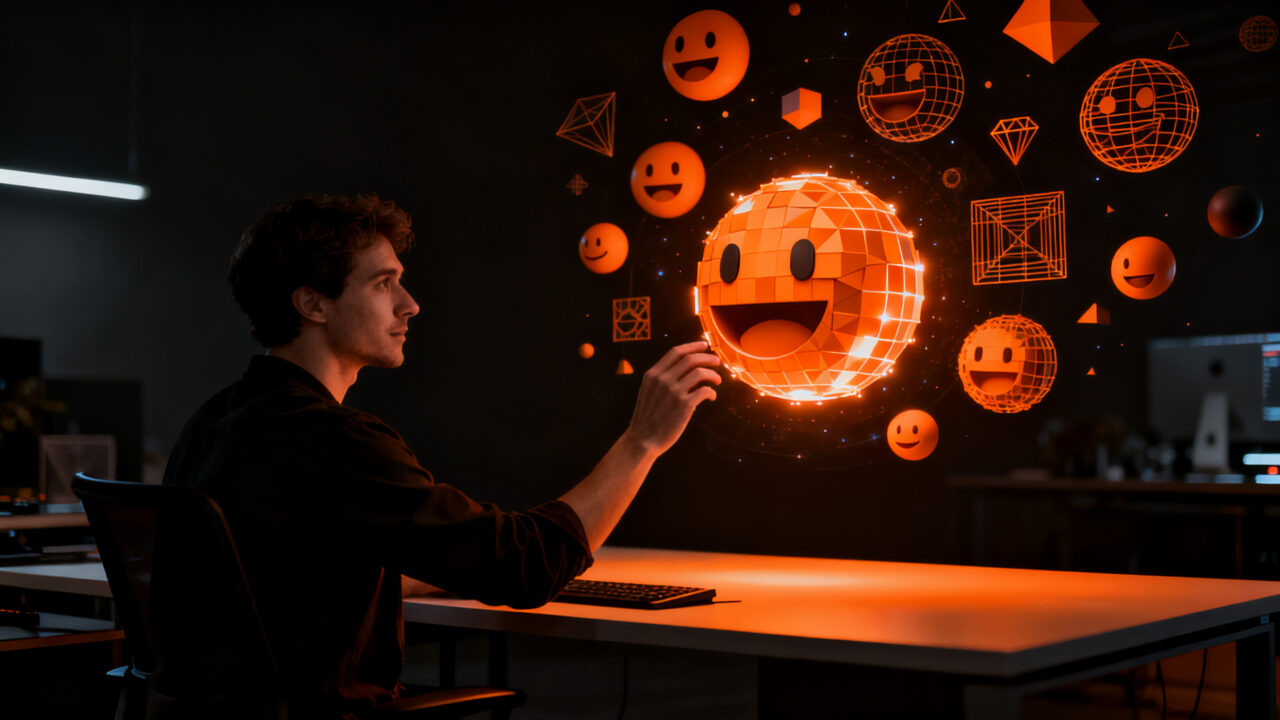 Diseñador trabajando con emojis 3D de código abierto para desarrollo de apps en Android 17.