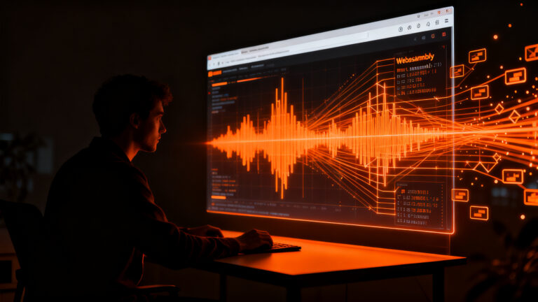 Desarrollador trabajando en edición de audio avanzada dentro del navegador mediante tecnología WebAssembly y arquitectura Zero-Server.