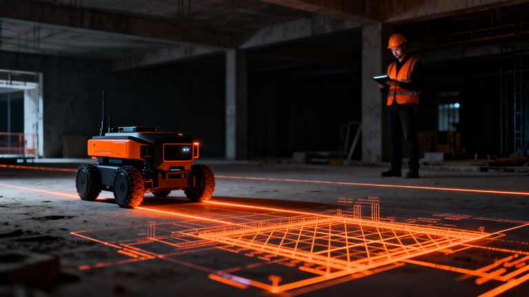 Robot HP SitePrint automatizando el replanteo en una obra de construcción digital para mayor productividad.