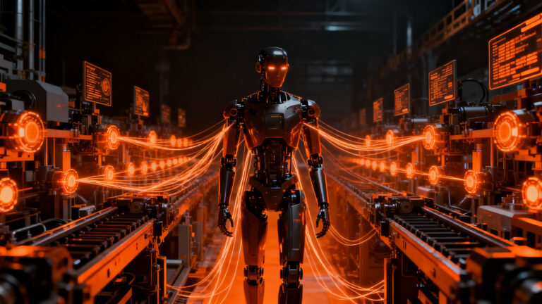 Robot humanoide avanzado trabajando en una fábrica inteligente, representando la inversión millonaria en robótica y automatización industrial.