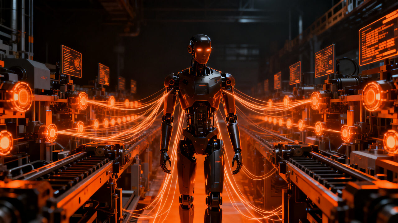 Robot humanoide avanzado trabajando en una fábrica inteligente, representando la inversión millonaria en robótica y automatización industrial.
