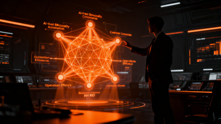 Representación visual de IA en contact centers, mostrando automatización y eficiencia operativa para startups en 2026.
