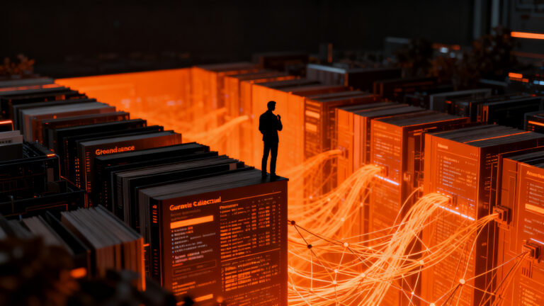 Founder de startup utilizando criterio humano para liderar un mar de datos de inteligencia artificial, representando la ventaja competitiva en 2026.