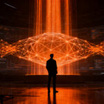 Desarrollador de software supervisando redes de inteligencia artificial en un entorno tecnológico avanzado.