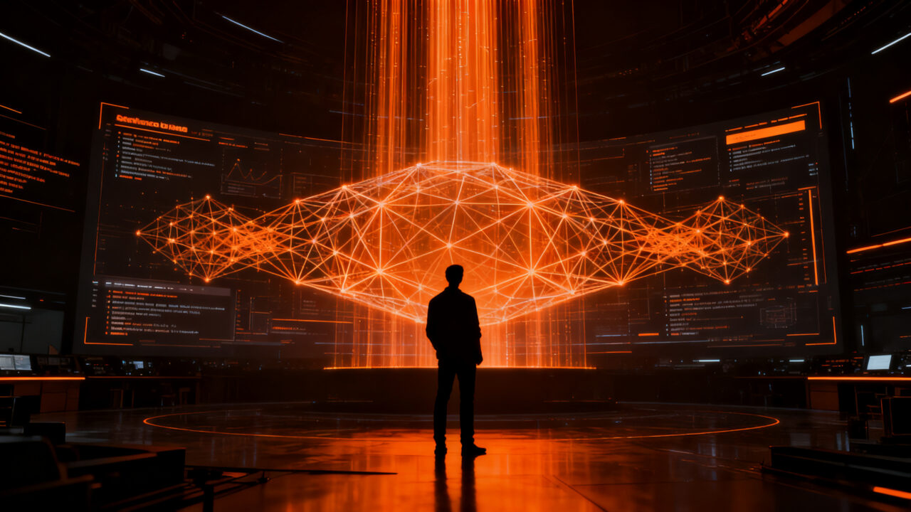 Desarrollador de software supervisando redes de inteligencia artificial en un entorno tecnológico avanzado.