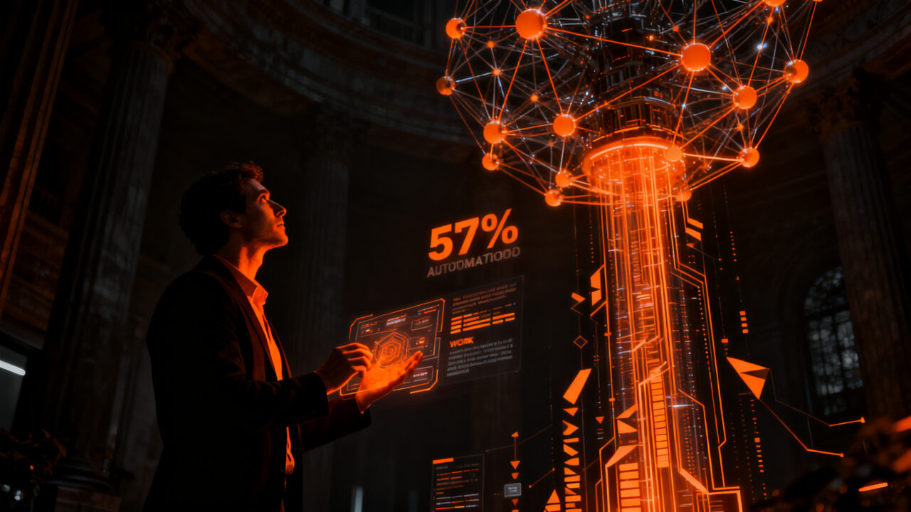 Emprendedor analizando redes neuronales y automatización en el futuro del trabajo bajo una perspectiva ética.
