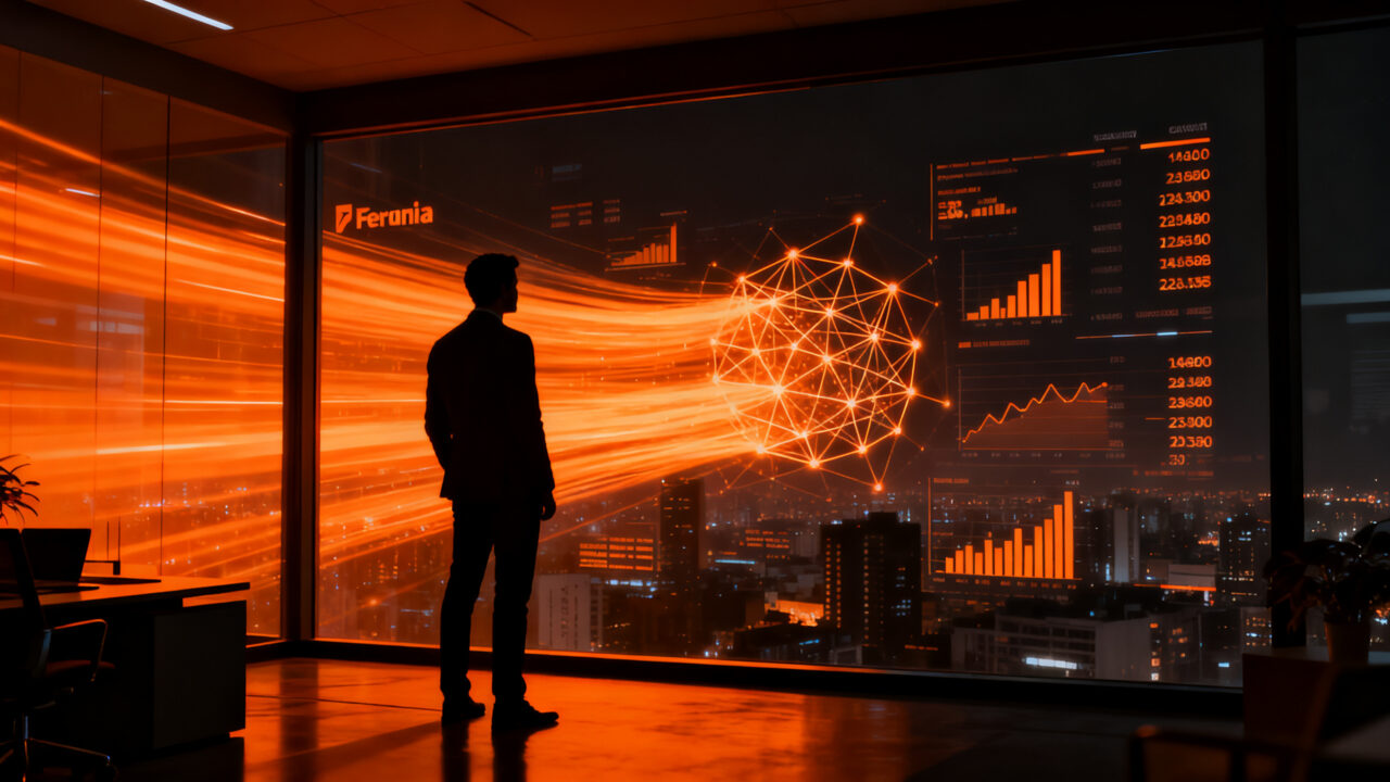 Ejecutivo financiero analizando datos con inteligencia artificial en el sector fintech de Perú, representando automatización y transformación digital.
