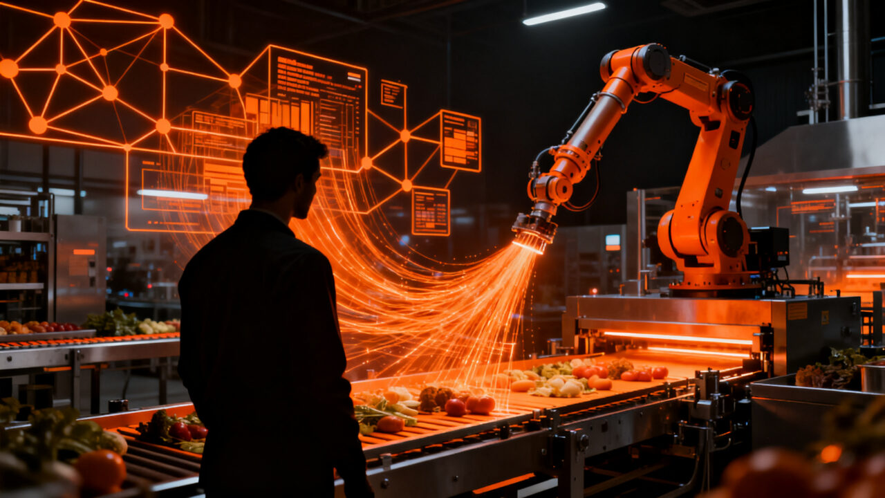Crecimiento del mercado de IA en food tech, mostrando automatización y robótica en la industria alimentaria para 2030.