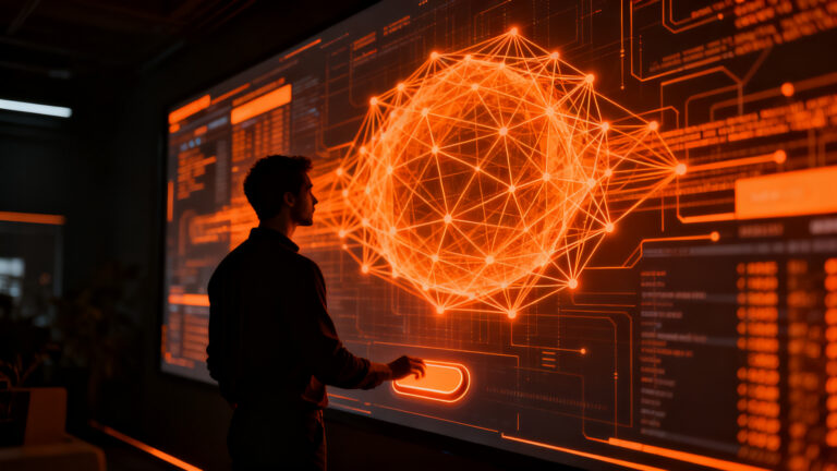 Fundador en entorno tecnológico analizando datos complejos con IA, representando el desafío de mantener el pensamiento crítico y evitar el sesgo de automatización.