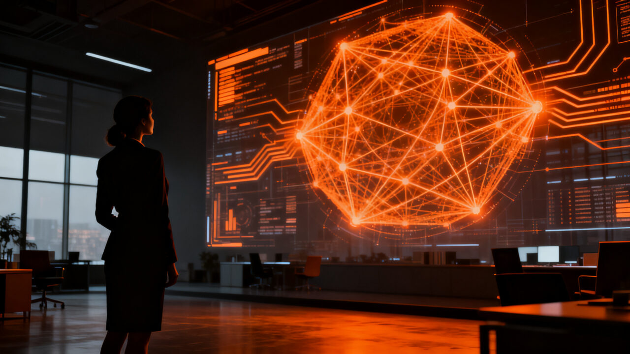 Ejecutiva observando redes neuronales de IA en un entorno laboral, simbolizando la transformación del talento y la capacitación frente a la automatización.