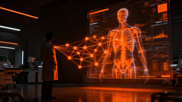 Líder médico analizando datos de IA en salud, destacando el equilibrio entre tecnología y experiencia del paciente en el sector HealthTech.