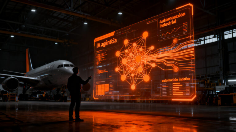 Ingeniero industrial supervisando una plataforma de IA agéntica en una fábrica aeroespacial, representando la automatización y eficiencia operativa.