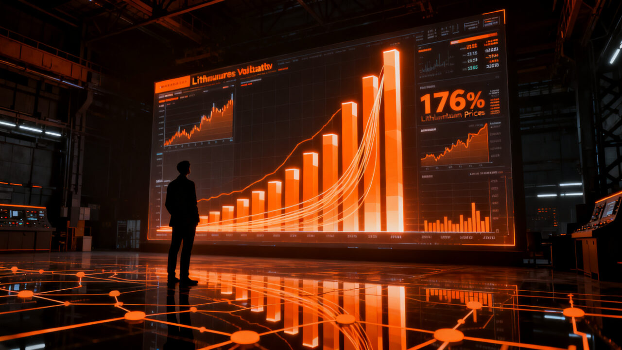 Inversor analizando mercado de futuros de litio y volatilidad de precios en China, impacto en startups tecnológicas.
