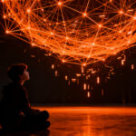 Silueta de adolescente frente a una red digital compleja, representando el impacto del uso adictivo de redes sociales en la salud mental y el TDAH.