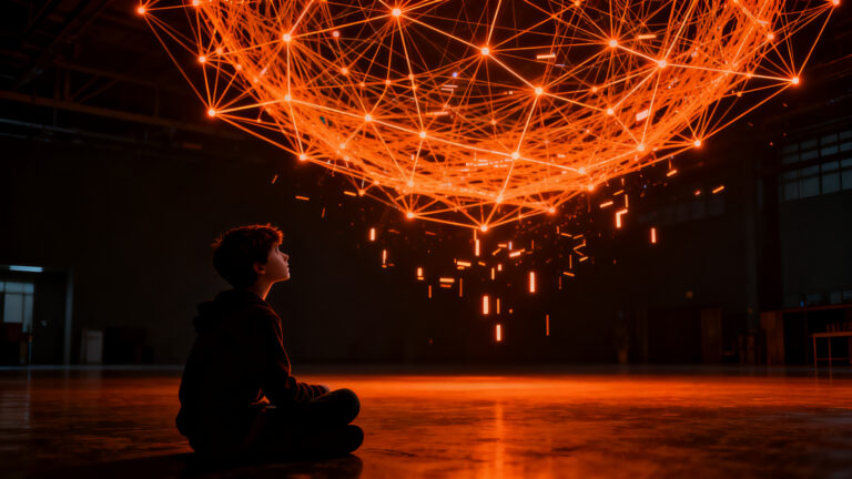 Silueta de adolescente frente a una red digital compleja, representando el impacto del uso adictivo de redes sociales en la salud mental y el TDAH.