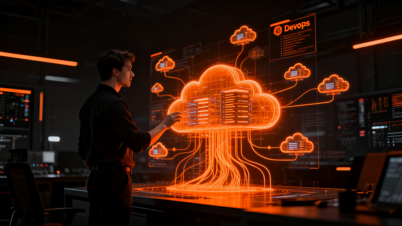 Ingeniero DevOps gestionando múltiples infraestructuras cloud con herramientas de IA, concepto de gestión unificada en 2026.
