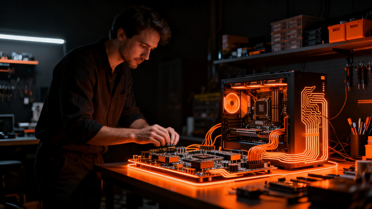 Fundador de startup de hardware analizando prototipos y componentes en un entorno industrial, simbolizando el éxito del bootstrapping y la manufactura escalable.