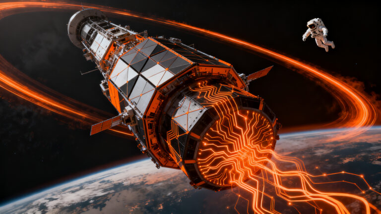 Satélite gigante de nueva generación orbitando la Tierra, representando la inversión masiva de K2 Space en tecnología espacial y hardware avanzado.