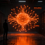Silueta de un desarrollador analizando la arquitectura de red neuronal del modelo Kimi K3 de Moonshot AI, representando el futuro de la IA generativa y modelos de código abierto.