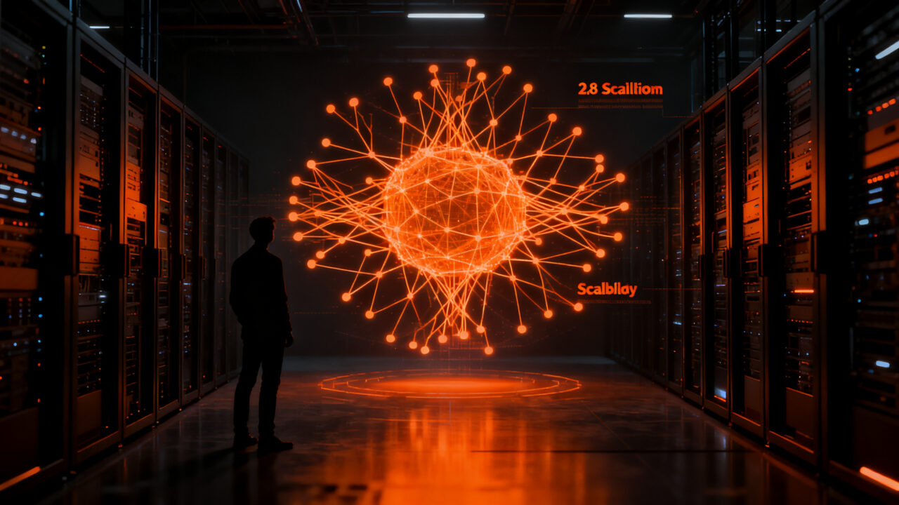 Silueta de un desarrollador analizando la arquitectura de red neuronal del modelo Kimi K3 de Moonshot AI, representando el futuro de la IA generativa y modelos de código abierto.