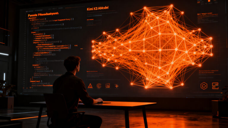 Desarrollador analizando código con el modelo de IA Kimi K3 de Moonshot AI para optimización de costos en startups.
