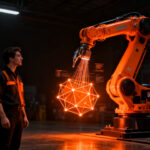 Ingeniero analizando ciberseguridad industrial en robots KUKA para automatización 4.0, impacto en startups.