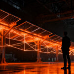 Emprendedor analizando paneles solares y datos financieros en un entorno tecnológico oscuro, simbolizando la reestructuración y resiliencia en startups cleantech.
