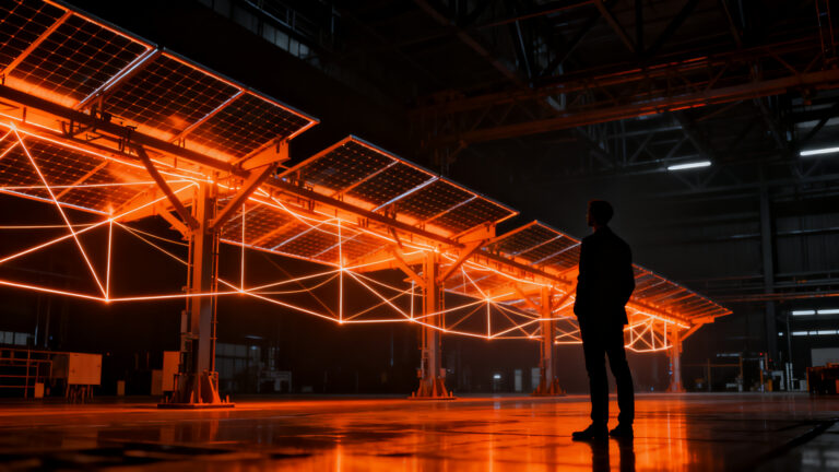 Emprendedor analizando paneles solares y datos financieros en un entorno tecnológico oscuro, simbolizando la reestructuración y resiliencia en startups cleantech.