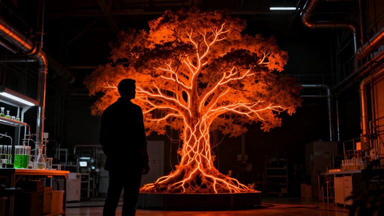 Silueta de fundador observando un árbol artificial de microalgas en un entorno industrial, representando lecciones de aprendizaje tras el cierre de una startup cleantech.