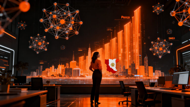 Mujer emprendedora liderando la transformación digital y el crecimiento de startups en Perú, destacando el auge del liderazgo femenino.