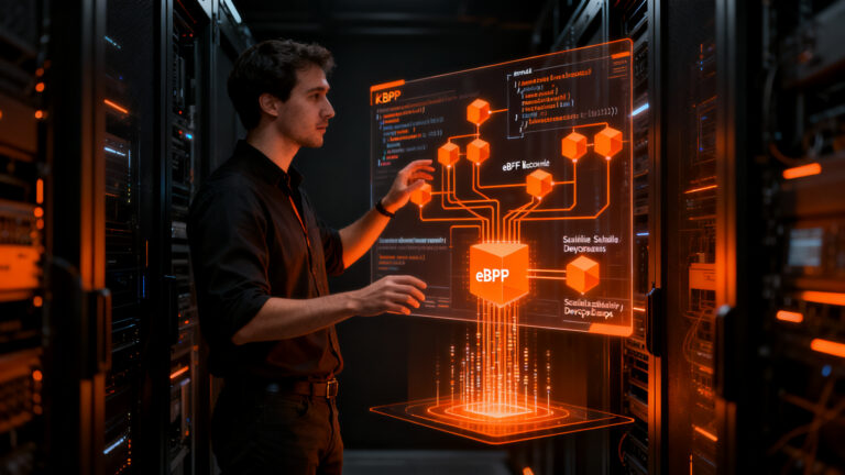 Desarrollador de software trabajando en infraestructura Linux con eBPF para optimizar binarios portables en startups DevOps.