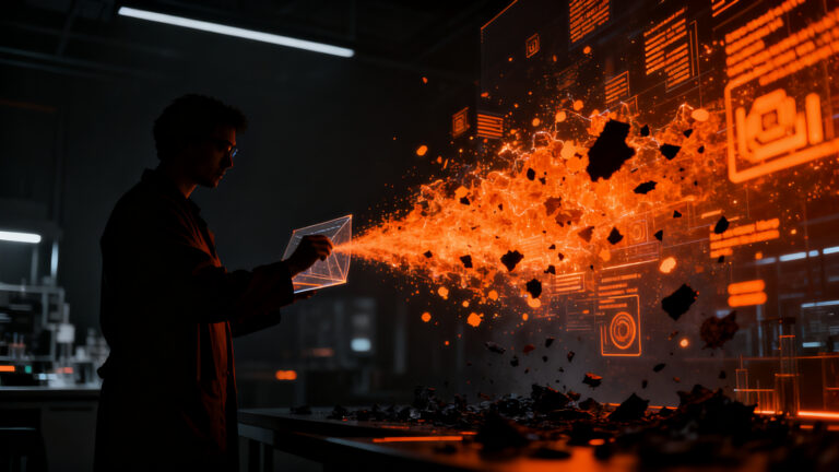 Investigador analizando datos científicos complejos para entrenamiento de LLMs, concepto de curación de datos de calidad para startups de AI.