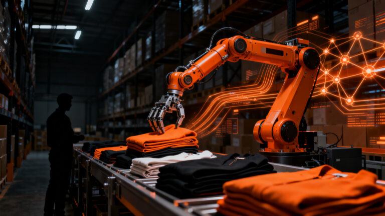 Robot de inteligencia artificial de la startup Theker trabajando en la automatización logística de almacenes de moda de Mango.
