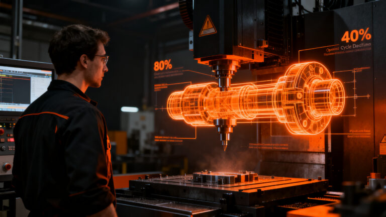 Ingeniero de hardware analizando la eficiencia del mecanizado CNC con Mastercam 2027 para reducir ciclos de producción en startups.