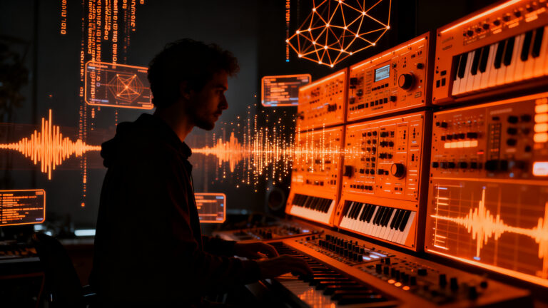 Desarrollador de audio trabajando en plugins musicales mediante tecnología DSP y C++ en un entorno creativo profesional.