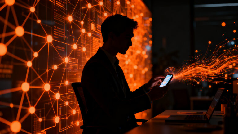 Ejecutivo de startup utilizando asistente de Meta AI en Threads para automatizar comunicación y escalabilidad empresarial.