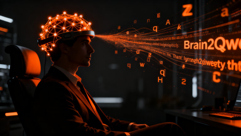 Representación conceptual de tecnología BCI no invasiva Meta Brain2Qwerty decodificando actividad cerebral mediante IA.