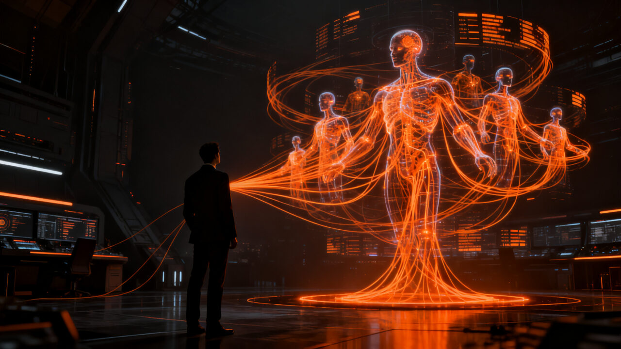 Líder empresarial interactuando con una interfaz de agentes autónomos e IA de Microsoft Copilot, representando el futuro de la automatización empresarial.