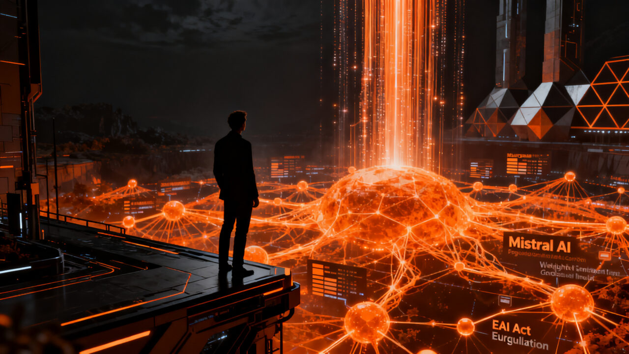 Representación visual de la IA europea Mistral AI liderando el ecosistema tecnológico global, simbolizando innovación, regulación y el futuro de los modelos de lenguaje.
