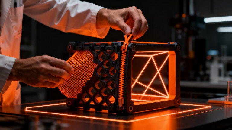 Ingeniero del MIT CSAIL manipulando una estructura de impresión 3D Y-Zipper que cambia de flexible a rígida, innovación en manufactura avanzada.