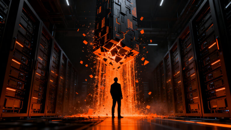 Infraestructura de IA colapsada, representando los desafíos de escalabilidad y demanda de GPUs en startups de inteligencia artificial.