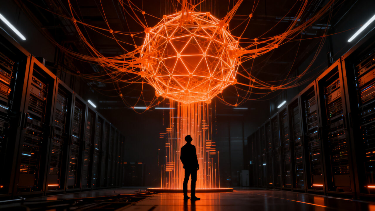 Un emprendedor tecnológico analizando una red neuronal masiva y luminosa, representando la llegada de Kimi K3 y la comoditización de la IA.