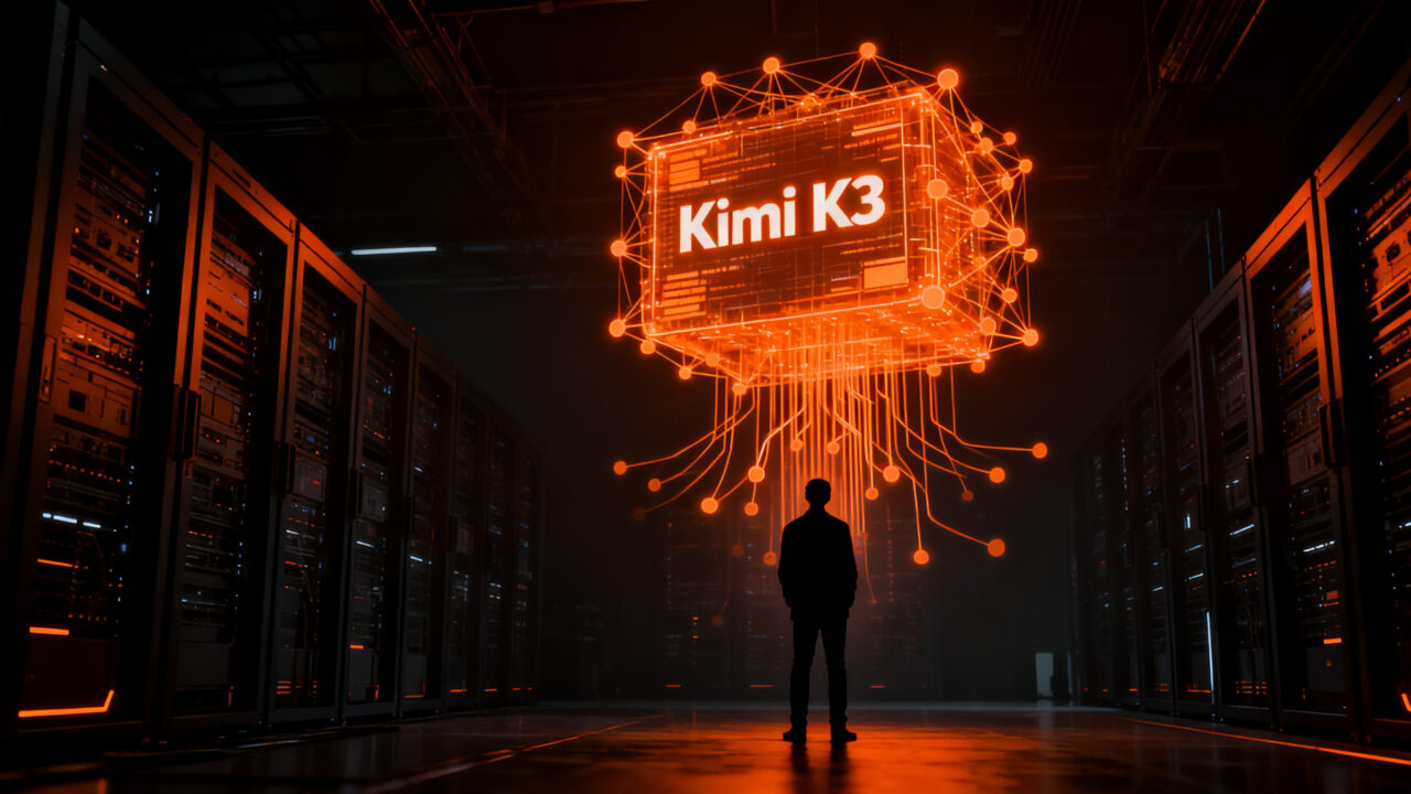 Fundador de startup analizando la red neuronal de Kimi K3 de Moonshot AI, representando eficiencia y ahorro en IA.