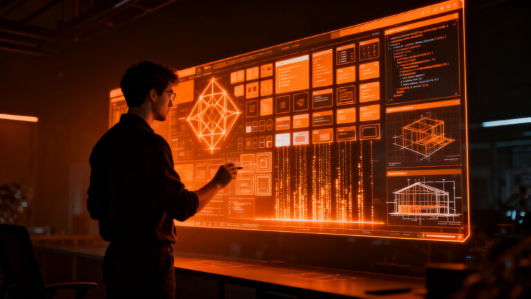 Diseñador interactuando con una interfaz digital de componentes UI para mejorar prompts de IA en startups.