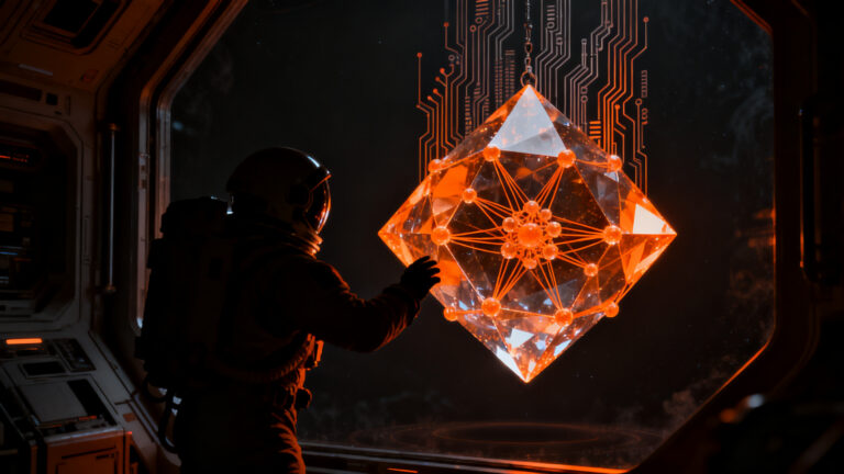 Astronauta observando un cristal de alta tecnología cultivado en el espacio, revolucionando la manufactura de semiconductores.