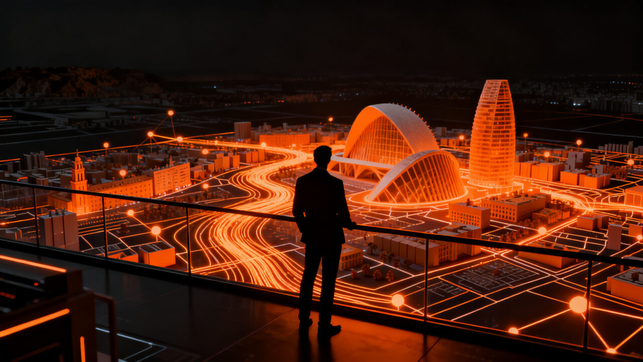 Emprendedor analizando un sandbox urbano digital en Valencia, representando el Nealis Innovation Challenge para startups.