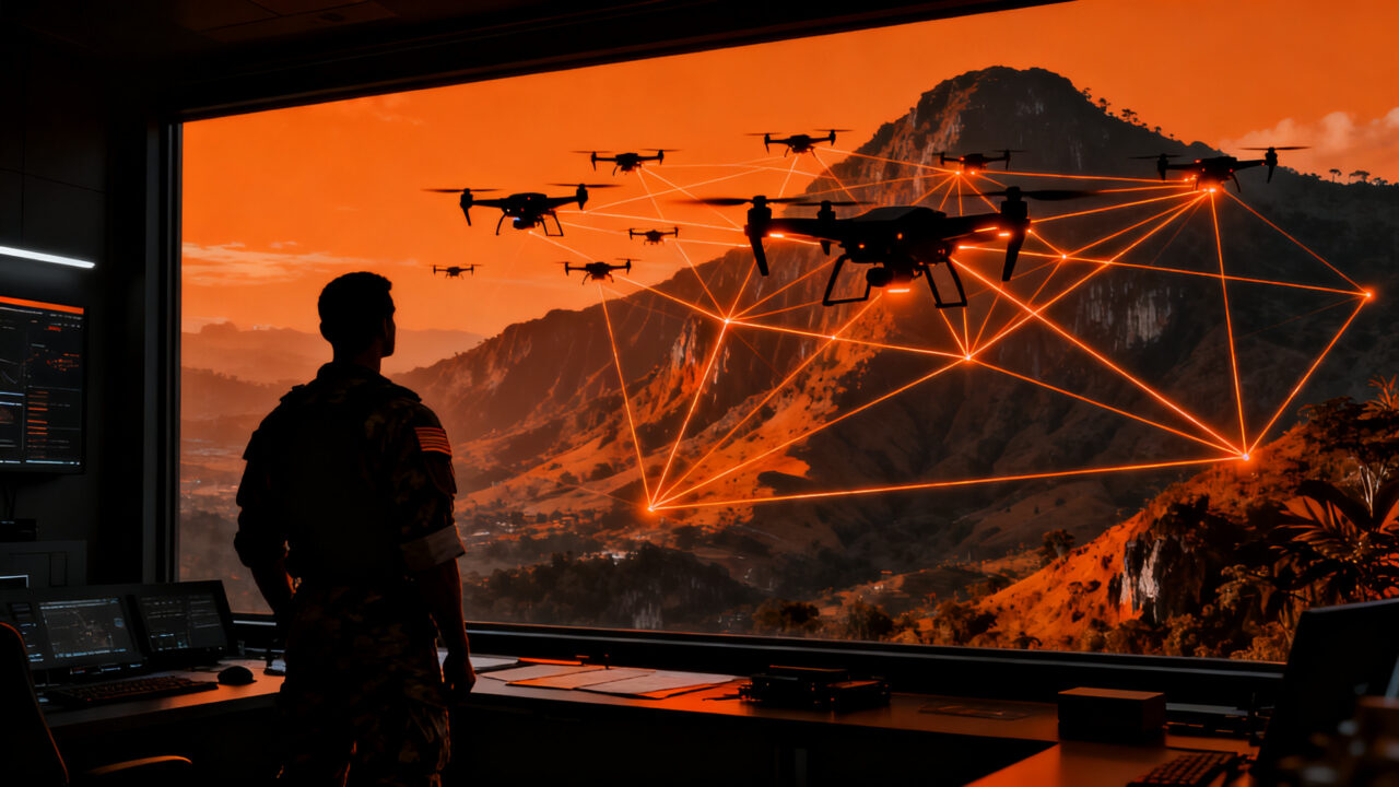 Dron de vigilancia de alta tecnología sobrevolando un terreno estratégico, representando la industria DefenseTech en Colombia.