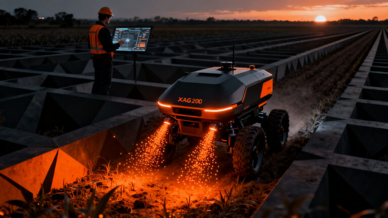 Robot agrícola XAG R200 operando en campos españoles, representando la automatización y el futuro del sector AgTech.
