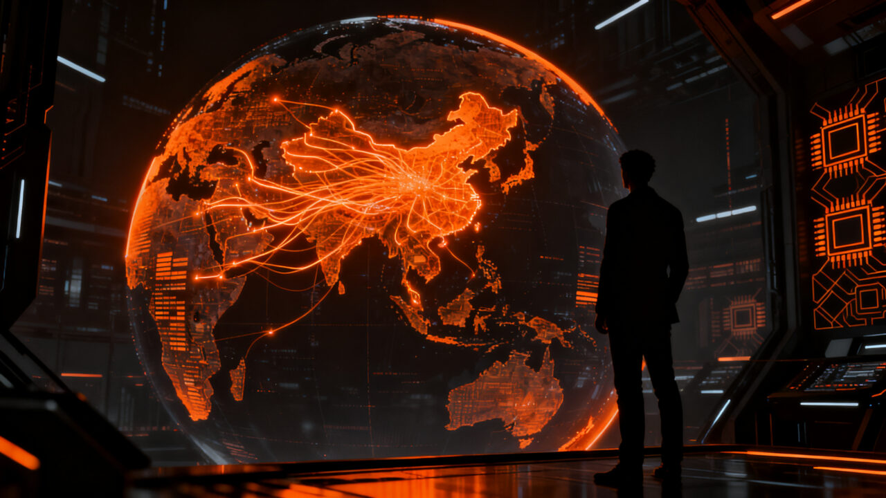 Silueta de un estratega tecnológico observando una red neuronal global brillante, simbolizando la competencia por el talento en IA entre China y Occidente.