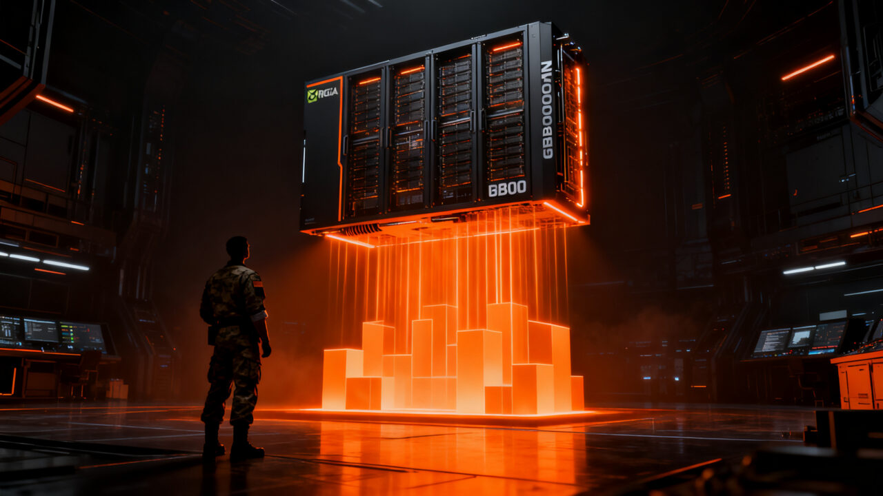 Supercomputador Nvidia Blackwell Ultra en entorno militar, simbolizando el impacto de la infraestructura IA en el sector gubernamental.
